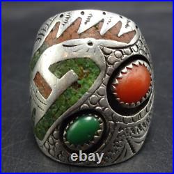 SIGNED Vintage NAVAJO Chip Inlay STERLING RING with CORAL TURQUOISE size 9.5