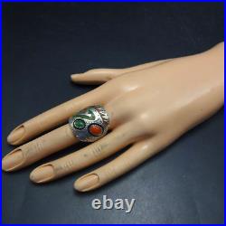SIGNED Vintage NAVAJO Chip Inlay STERLING RING with CORAL TURQUOISE size 9.5