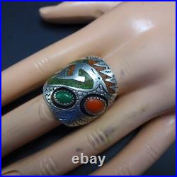 SIGNED Vintage NAVAJO Chip Inlay STERLING RING with CORAL TURQUOISE size 9.5