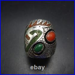 SIGNED Vintage NAVAJO Chip Inlay STERLING RING with CORAL TURQUOISE size 9.5
