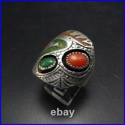 SIGNED Vintage NAVAJO Chip Inlay STERLING RING with CORAL TURQUOISE size 9.5