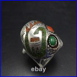 SIGNED Vintage NAVAJO Chip Inlay STERLING RING with CORAL TURQUOISE size 9.5