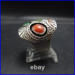 SIGNED Vintage NAVAJO Chip Inlay STERLING RING with CORAL TURQUOISE size 9.5