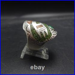 SIGNED Vintage NAVAJO Chip Inlay STERLING RING with CORAL TURQUOISE size 9.5