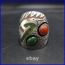 SIGNED Vintage NAVAJO Chip Inlay STERLING RING with CORAL TURQUOISE size 9.5