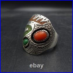 SIGNED Vintage NAVAJO Chip Inlay STERLING RING with CORAL TURQUOISE size 9.5