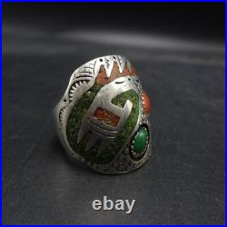 SIGNED Vintage NAVAJO Chip Inlay STERLING RING with CORAL TURQUOISE size 9.5