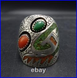 SIGNED Vintage NAVAJO Chip Inlay STERLING RING with CORAL TURQUOISE size 9.5
