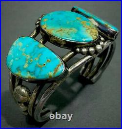STUNNING HUGE Vintage Navajo Sterling Silver Gem Grade Turquoise Cuff Bracelet