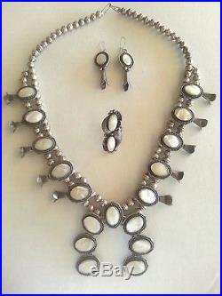 Set Vintage Silver Native American Mother of Pearl Squash Blossom Necklace