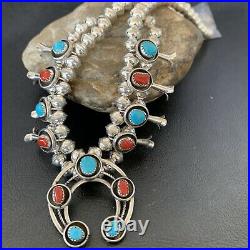 Shadow Box Navajo CORAL Turquoise Sterling Silver Squash Necklace Earring 10889