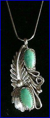 Signed Dkl Vintage Navajo Sterling Silver 2 Turquoise Pendant + Chain Necklace