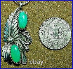 Signed Dkl Vintage Navajo Sterling Silver 2 Turquoise Pendant + Chain Necklace