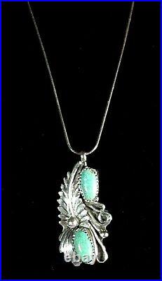 Signed Dkl Vintage Navajo Sterling Silver 2 Turquoise Pendant + Chain Necklace