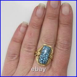Signed Jag Navajo 14k Yellow Gold Spiderweb Turquoise Ring Vintage Handmade