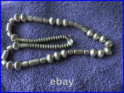 Signed M Vintage Navajo Hand Made Sterling Silver Pearls BARREL BEAD Necklace