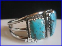 Signed Native Vintage Pawn Navajo Sterling Silver Turquoise Cuff Row Bracelet