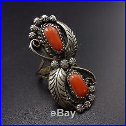 Signed Vintage NAVAJO Hand Stamped Sterling Silver & CORAL RING, size 8
