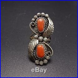 Signed Vintage NAVAJO Hand Stamped Sterling Silver & CORAL RING, size 8