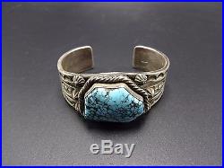 Signed Vintage NAVAJO Heavy Hand Stamped Sterling Silver TURQUOISE Cuff BRACELET