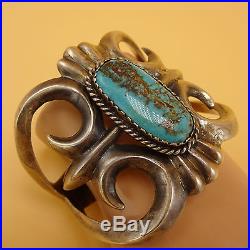 Signed Vintage NAVAJO Heavy Sand Cast Sterling Silver & TURQUOISE Cuff BRACELET