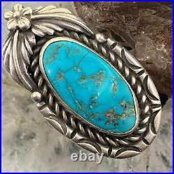 Signed Vintage Native American Sterling Oval Turquoise Decorated Ring Size 7.75