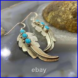 Signed Vintage Native American Sterling Silver Turquoise Leaf Dangle Earrings