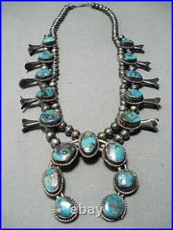 Signed Vintage Navajo Morenci Turquoise Sterling Silver Squash Blossom Necklace