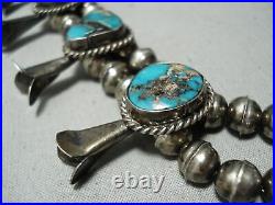 Signed Vintage Navajo Morenci Turquoise Sterling Silver Squash Blossom Necklace
