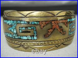 Signed Vintage Navajo Turquoise Coral Sterling Silver Bracelet