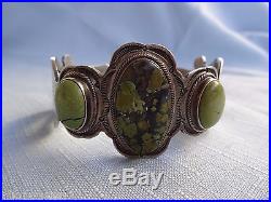Signed Vintage Navajo WALLACE YAZZIE Jr, Green Turquoise Cuff BRACELET Sterling