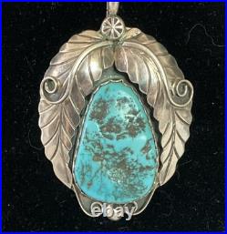 Signed Vintage Yellowhorse Navajo Turquoise Sterling Pendant paperclip Chain 28
