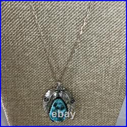 Signed Vintage Yellowhorse Navajo Turquoise Sterling Pendant paperclip Chain 28