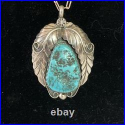 Signed Vintage Yellowhorse Navajo Turquoise Sterling Pendant paperclip Chain 28