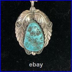 Signed Vintage Yellowhorse Navajo Turquoise Sterling Pendant paperclip Chain 28