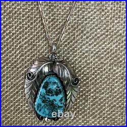 Signed Vintage Yellowhorse Navajo Turquoise Sterling Pendant paperclip Chain 28