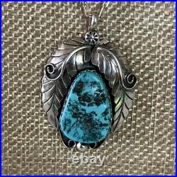 Signed Vintage Yellowhorse Navajo Turquoise Sterling Pendant paperclip Chain 28