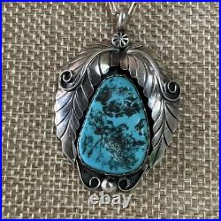 Signed Vintage Yellowhorse Navajo Turquoise Sterling Pendant paperclip Chain 28