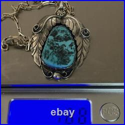 Signed Vintage Yellowhorse Navajo Turquoise Sterling Pendant paperclip Chain 28