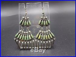 Signed Vintage ZUNI Sterling Silver TURQUOISE Needlepoint Chandelier EARRINGS