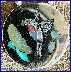 Signed Vintage Zuni Native American Sterling Silver Stone Inlay Bird Necklace