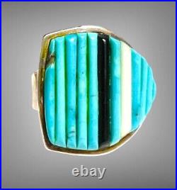 Signed Vtg Native American Sterling Silver Ring Corn Row Turquoise Adj Nice