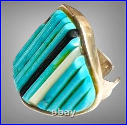 Signed Vtg Native American Sterling Silver Ring Corn Row Turquoise Adj Nice