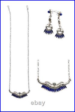 Signed Vtg Zuni Needlepoint Lapis Necklace And Earings