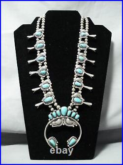 Signed Women's Vintage Navajo Turquoise Sterling Silver Squash Blossom Necklace