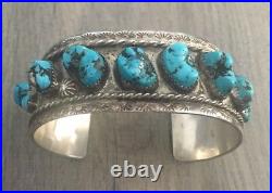 Signed/stamped Vintage Navajo Kingman Turquoise & Sterling Silver Row Bracelet