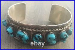 Signed/stamped Vintage Navajo Kingman Turquoise & Sterling Silver Row Bracelet