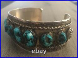 Signed/stamped Vintage Navajo Kingman Turquoise & Sterling Silver Row Bracelet