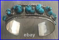 Signed/stamped Vintage Navajo Kingman Turquoise & Sterling Silver Row Bracelet