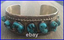 Signed/stamped Vintage Navajo Kingman Turquoise & Sterling Silver Row Bracelet